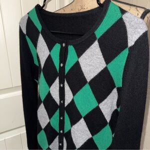Unbranded 100% Cashmere Cardigan Argyle Sweater Button Down Black/Gray/Green